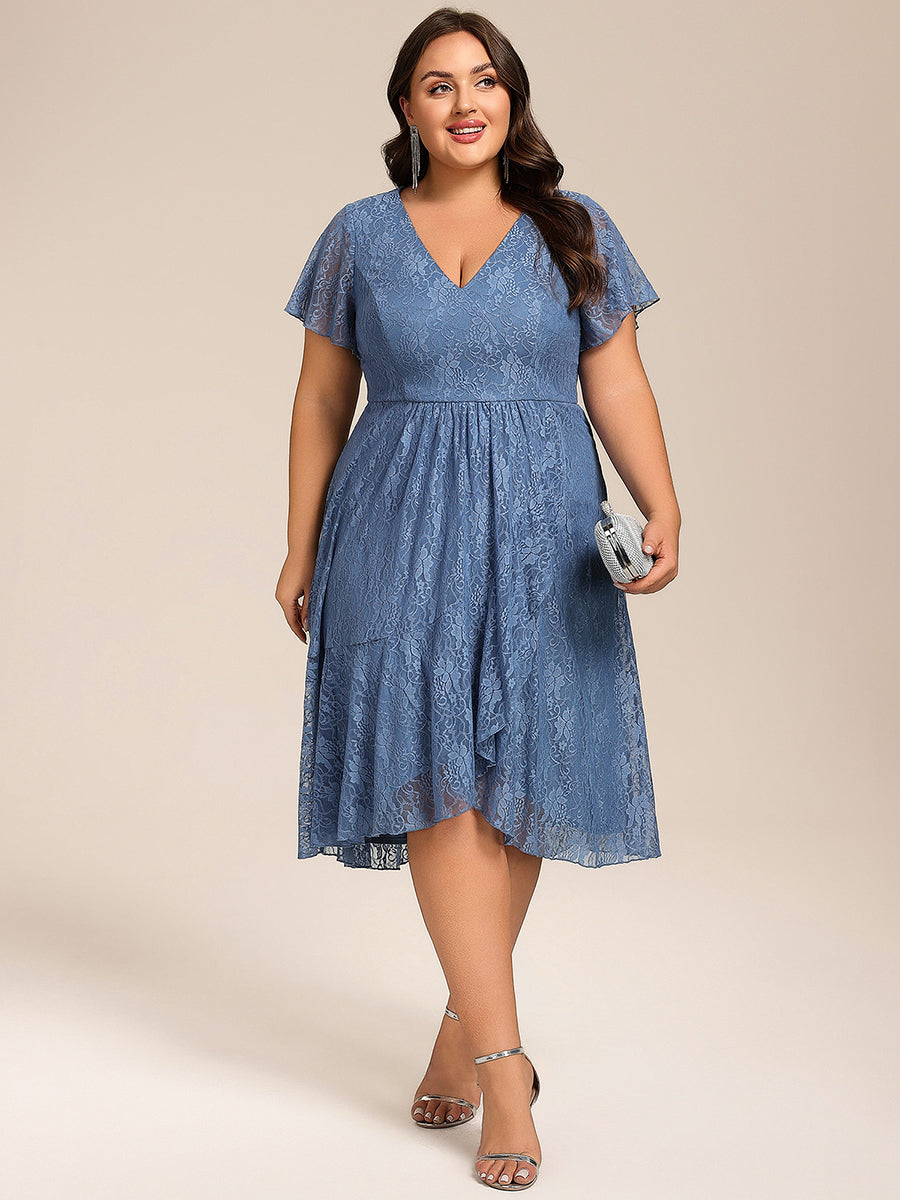 Robe d'invitée de mariage avec col en V et manches volantées en dentelle et feuille de lotus #Couleur_Marine Fume