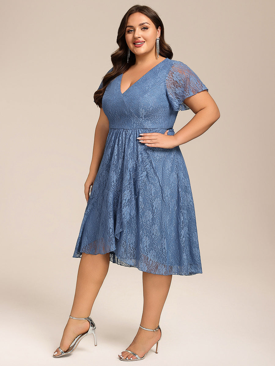 Robe d'invitée de mariage avec col en V et manches volantées en dentelle et feuille de lotus #Couleur_Marine Fume