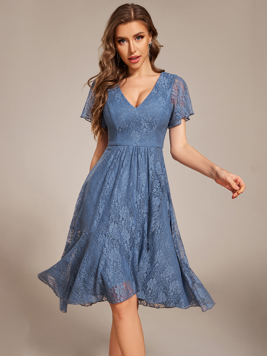 Robe d'invitée de mariage avec col en V et manches volantées en dentelle et feuille de lotus #Couleur_Marine Fume