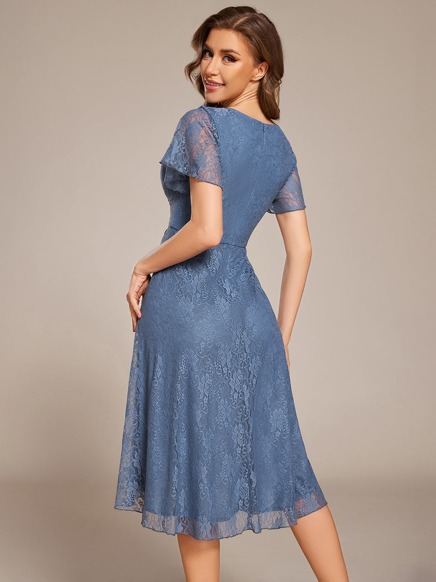 Robe d'invitée de mariage avec col en V et manches volantées en dentelle et feuille de lotus #Couleur_Marine Fume
