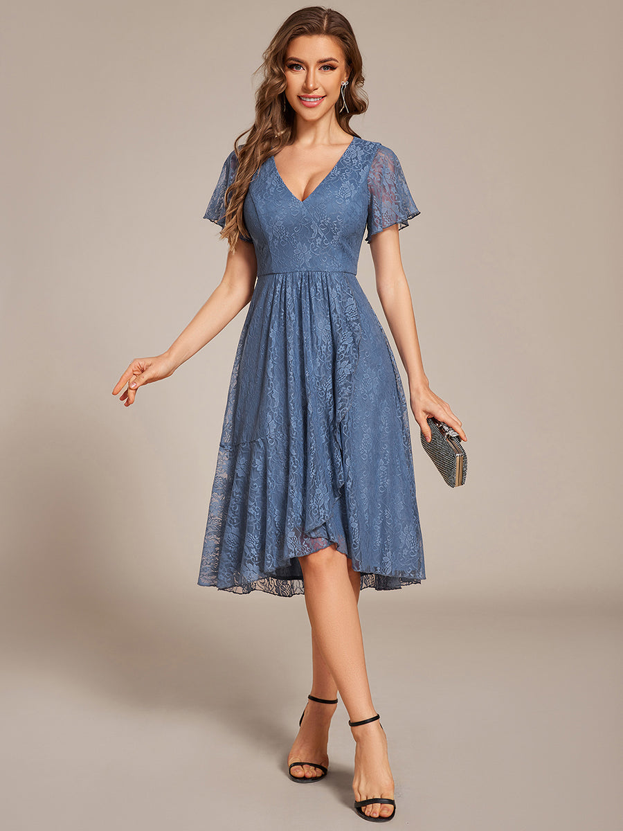 Robe d'invitée de mariage avec col en V et manches volantées en dentelle et feuille de lotus #Couleur_Marine Fume