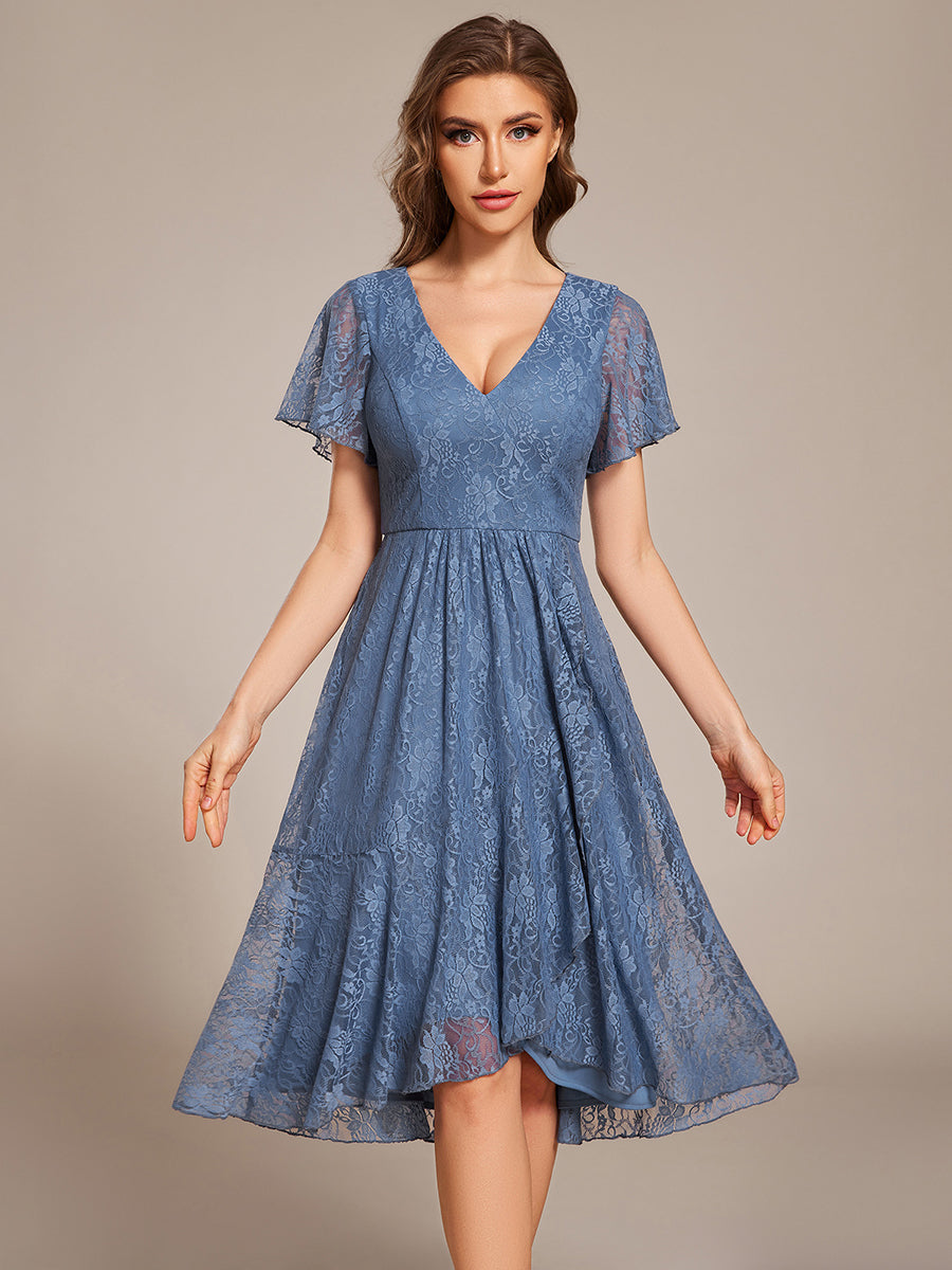 Robe d'invitée de mariage avec col en V et manches volantées en dentelle et feuille de lotus #Couleur_Marine Fume