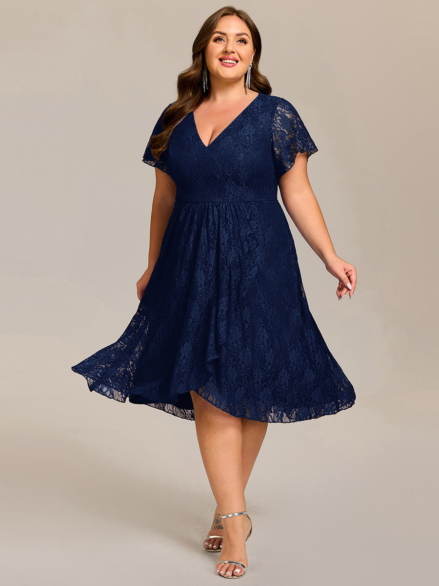 Robe d'invitée de mariage avec col en V et manches volantées en dentelle et feuille de lotus #Couleur_Bleu Marine