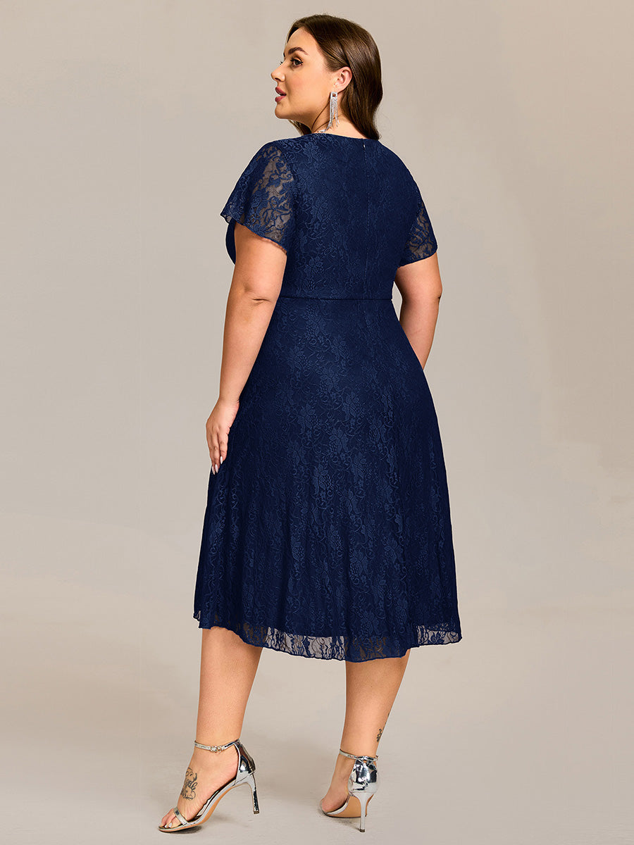Robe d'invitée de mariage avec col en V et manches volantées en dentelle et feuille de lotus #Couleur_Bleu Marine