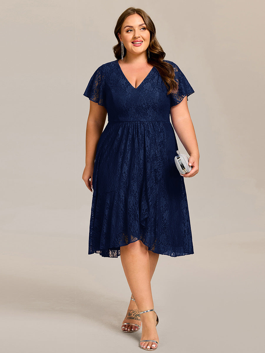 Robe d'invitée de mariage avec col en V et manches volantées en dentelle et feuille de lotus #Couleur_Bleu Marine