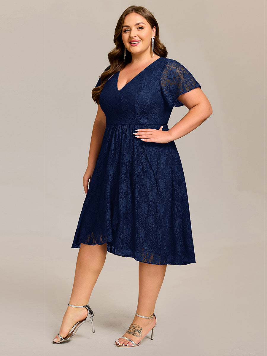 Robe d'invitée de mariage avec col en V et manches volantées en dentelle et feuille de lotus #Couleur_Bleu Marine