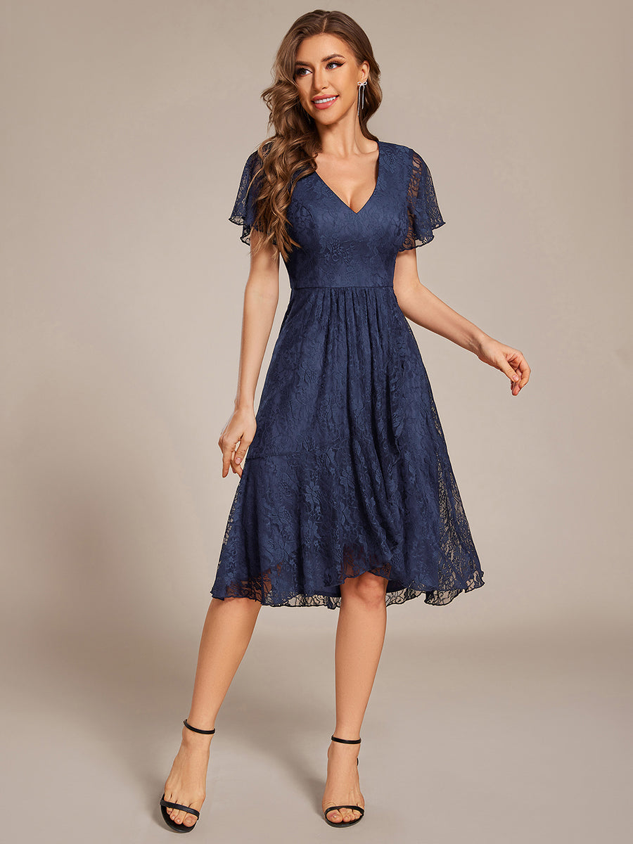 Robe d'invitée de mariage avec col en V et manches volantées en dentelle et feuille de lotus #Couleur_Bleu Marine