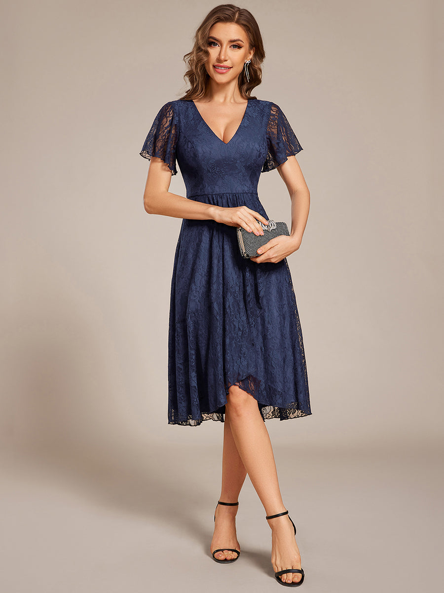 Robe d'invitée de mariage avec col en V et manches volantées en dentelle et feuille de lotus #Couleur_Bleu Marine