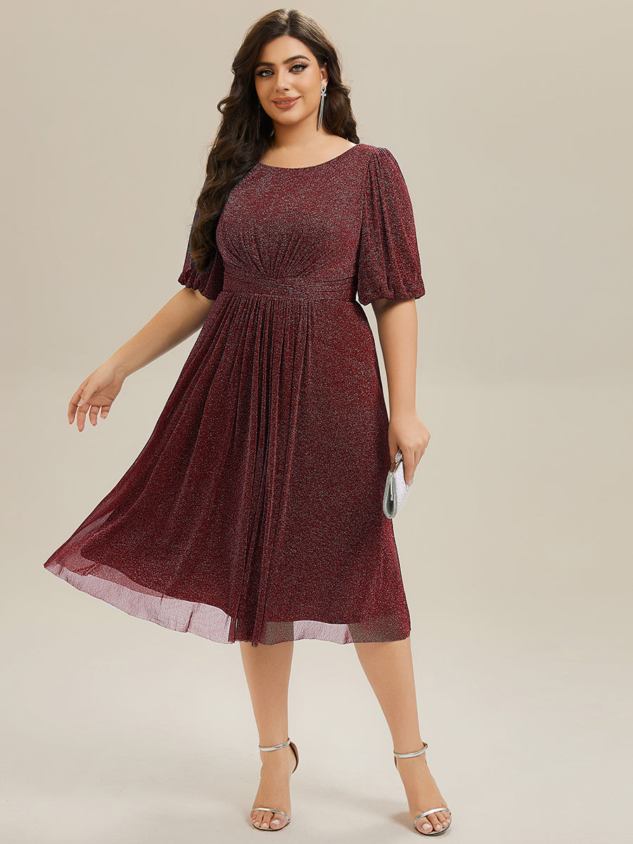 Robe d'invité de mariage midi à encolure ronde à manches courtes et taille froncée #Couleur_Bordeaux
