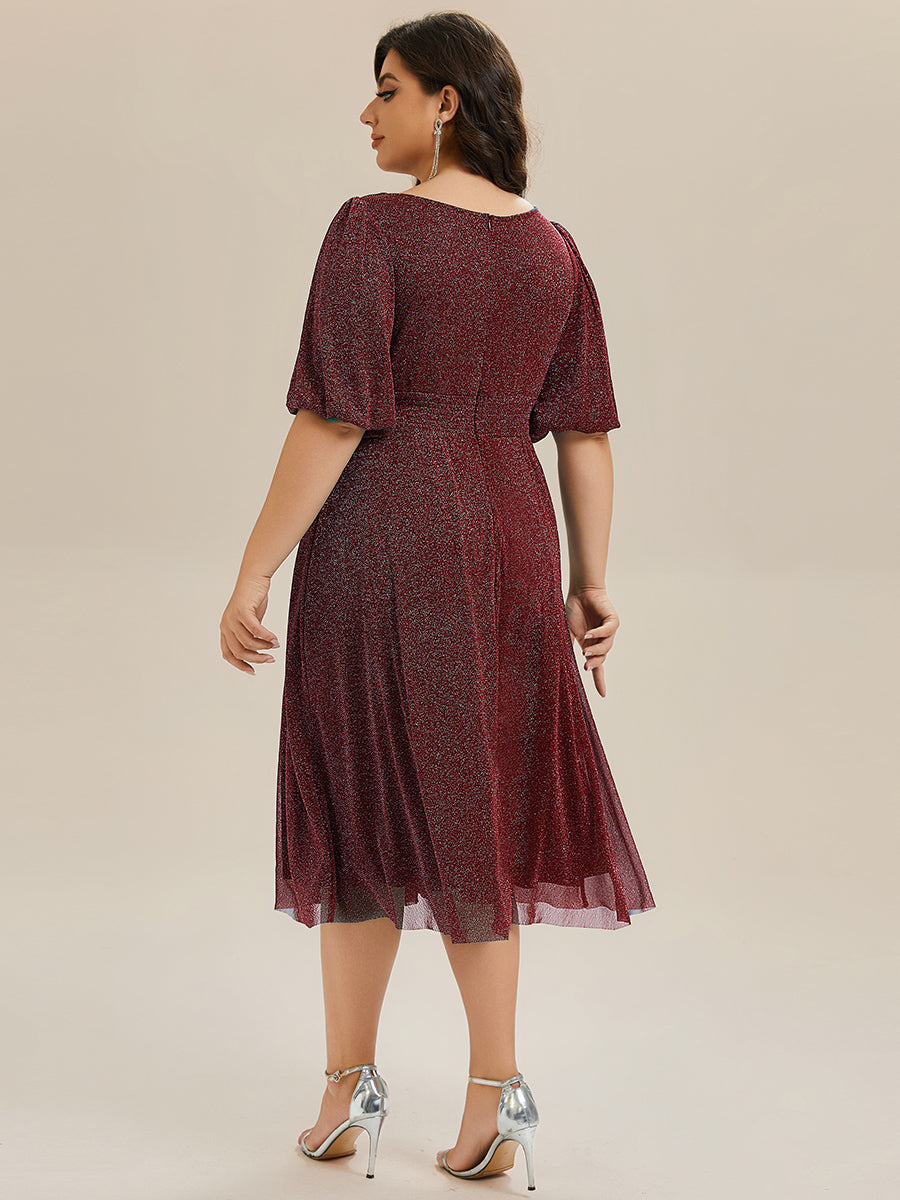 Robe d'invité de mariage midi à encolure ronde à manches courtes et taille froncée #Couleur_Bordeaux