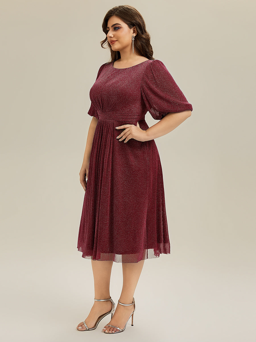 Robe d'invité de mariage midi à encolure ronde à manches courtes et taille froncée #Couleur_Bordeaux