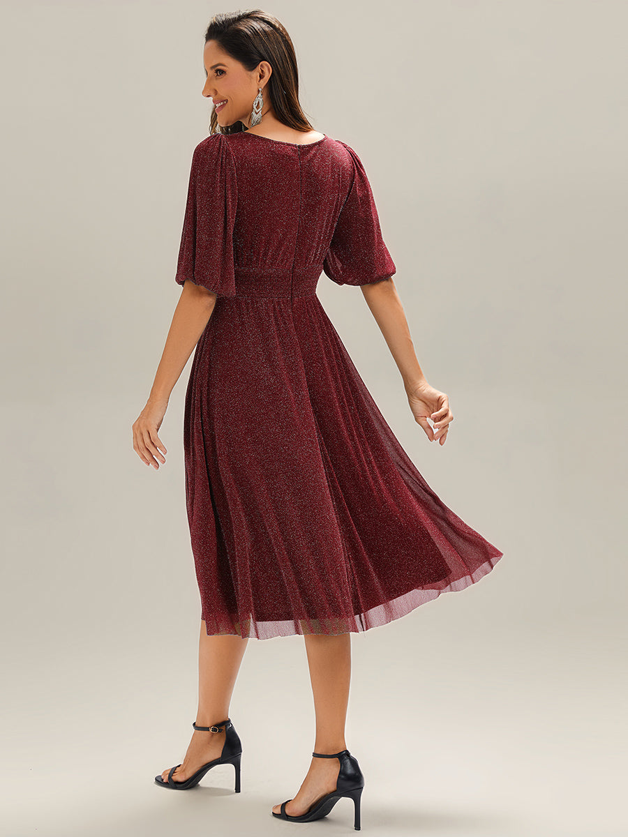 Robe d'invité de mariage midi à encolure ronde à manches courtes et taille froncée #Couleur_Bordeaux