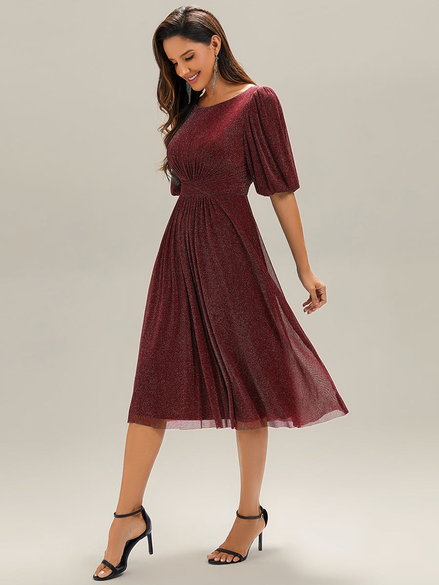 Robe d'invité de mariage midi à encolure ronde à manches courtes et taille froncée #Couleur_Bordeaux