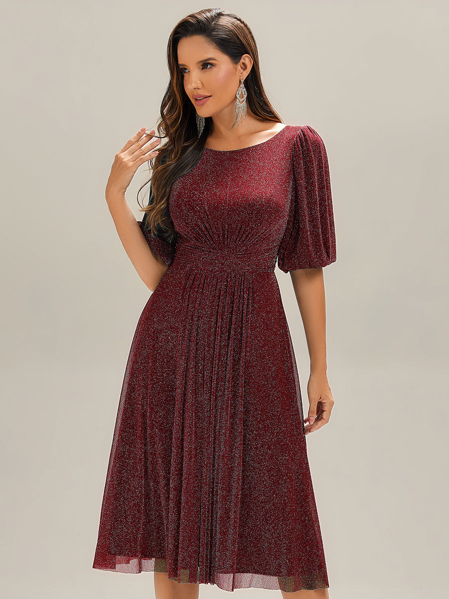 Robe d'invité de mariage midi à encolure ronde à manches courtes et taille froncée #Couleur_Bordeaux