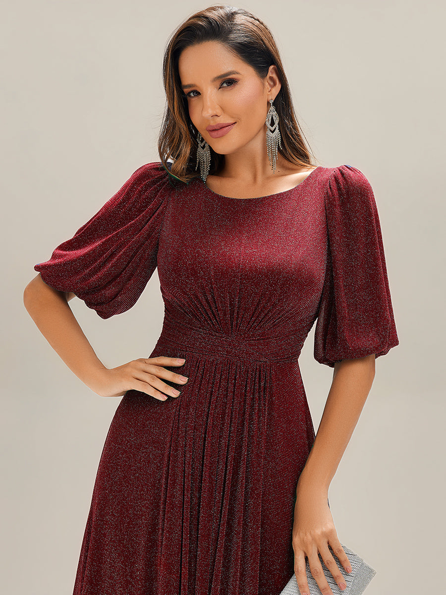 Robe d'invité de mariage midi à encolure ronde à manches courtes et taille froncée #Couleur_Bordeaux