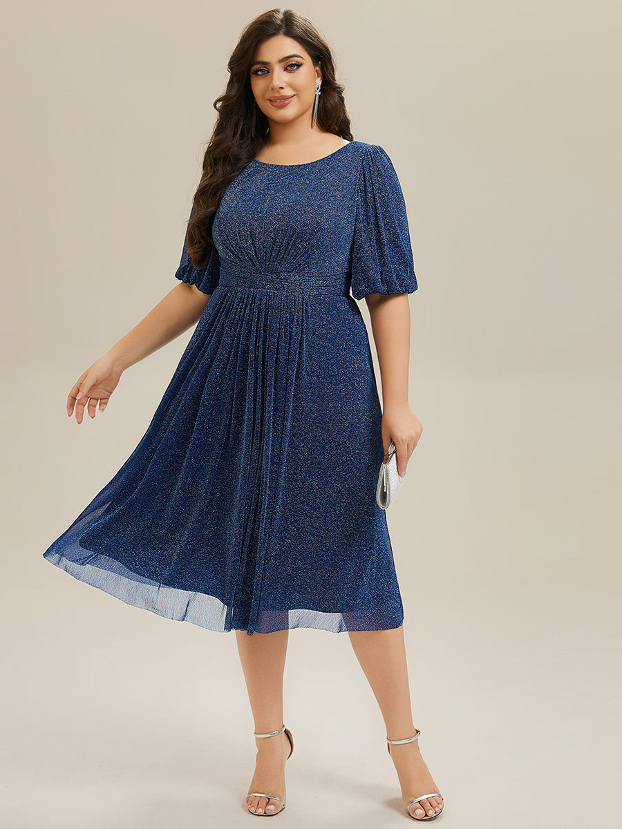 Robe d'invité de mariage midi à encolure ronde à manches courtes et taille froncée #Couleur_Bleu Marine