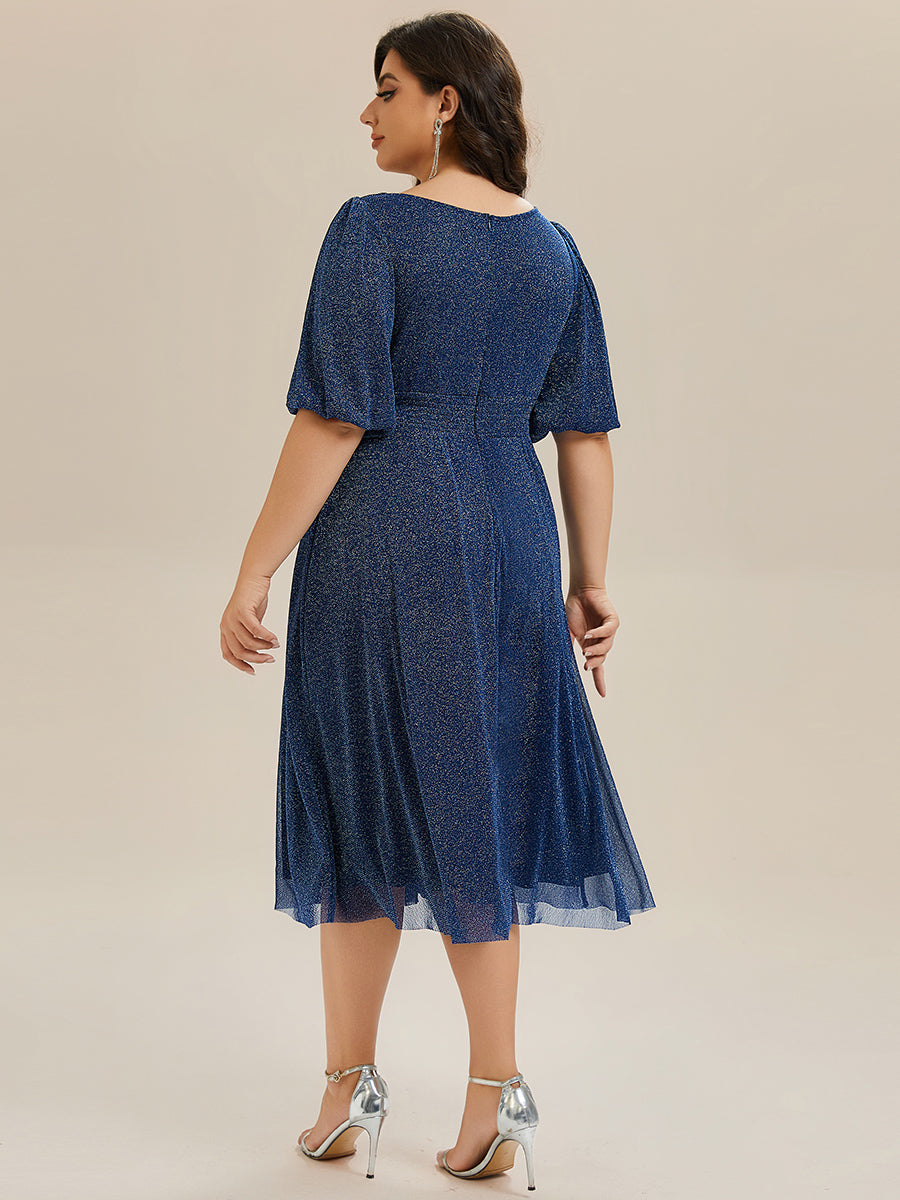 Robe d'invité de mariage midi à encolure ronde à manches courtes et taille froncée #Couleur_Bleu Marine