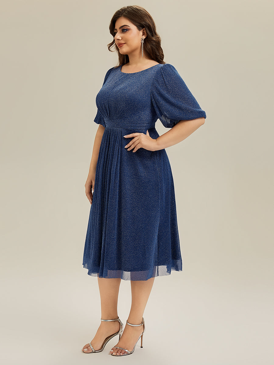 Robe d'invité de mariage midi à encolure ronde à manches courtes et taille froncée #Couleur_Bleu Marine