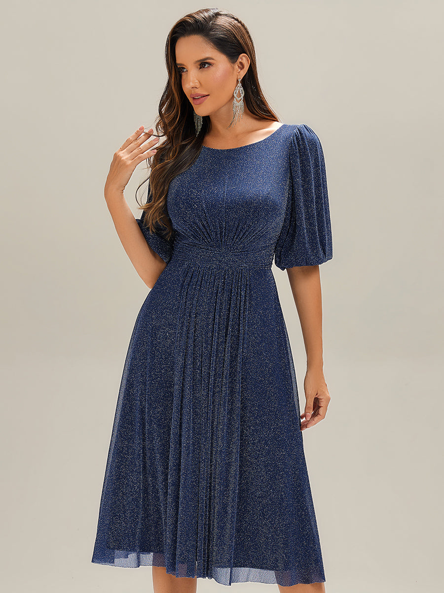 Robe d'invité de mariage midi à encolure ronde à manches courtes et taille froncée #Couleur_Bleu Marine