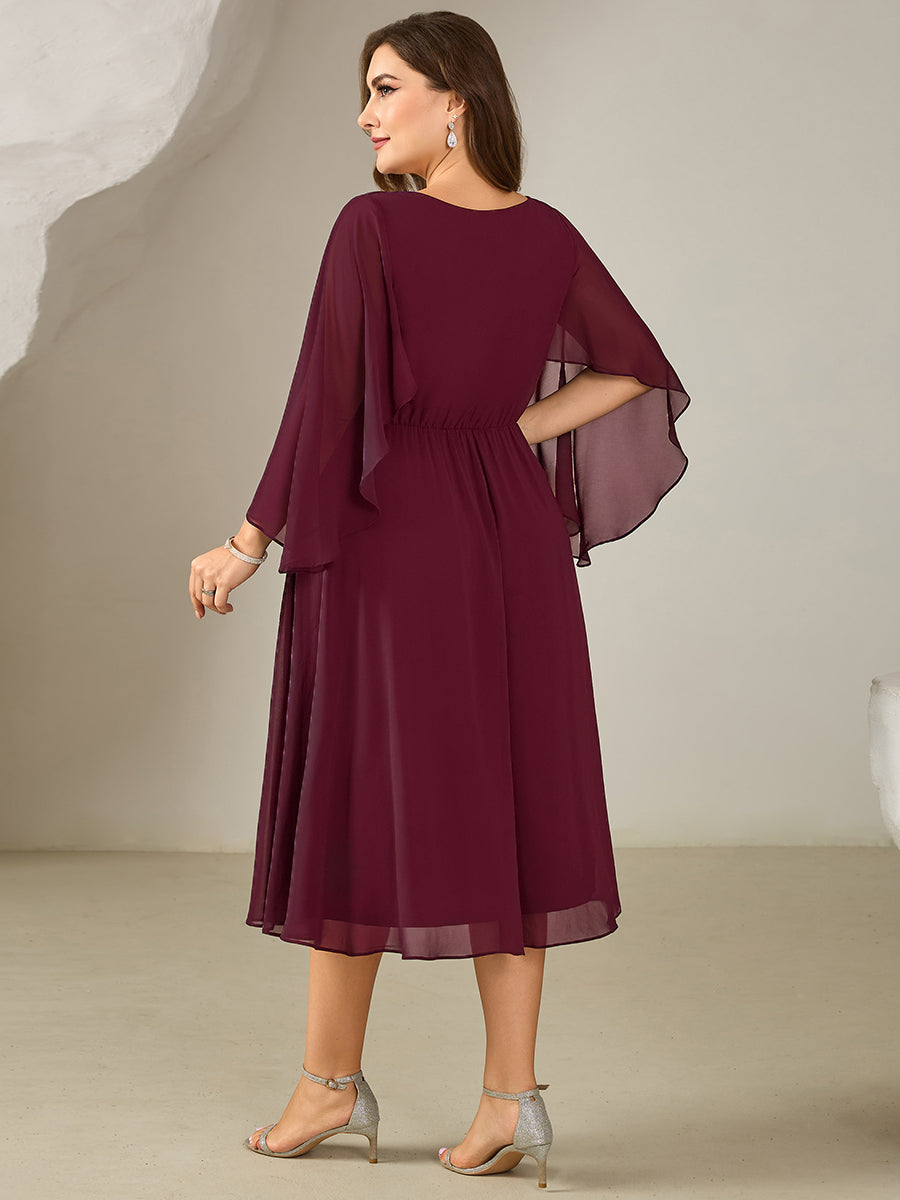 Robe midi A ligne à encolure en V profond à volants et manches trois quarts grande taille avec accent chaîne Robes d'invité de mariage #Couleur_Bordeaux