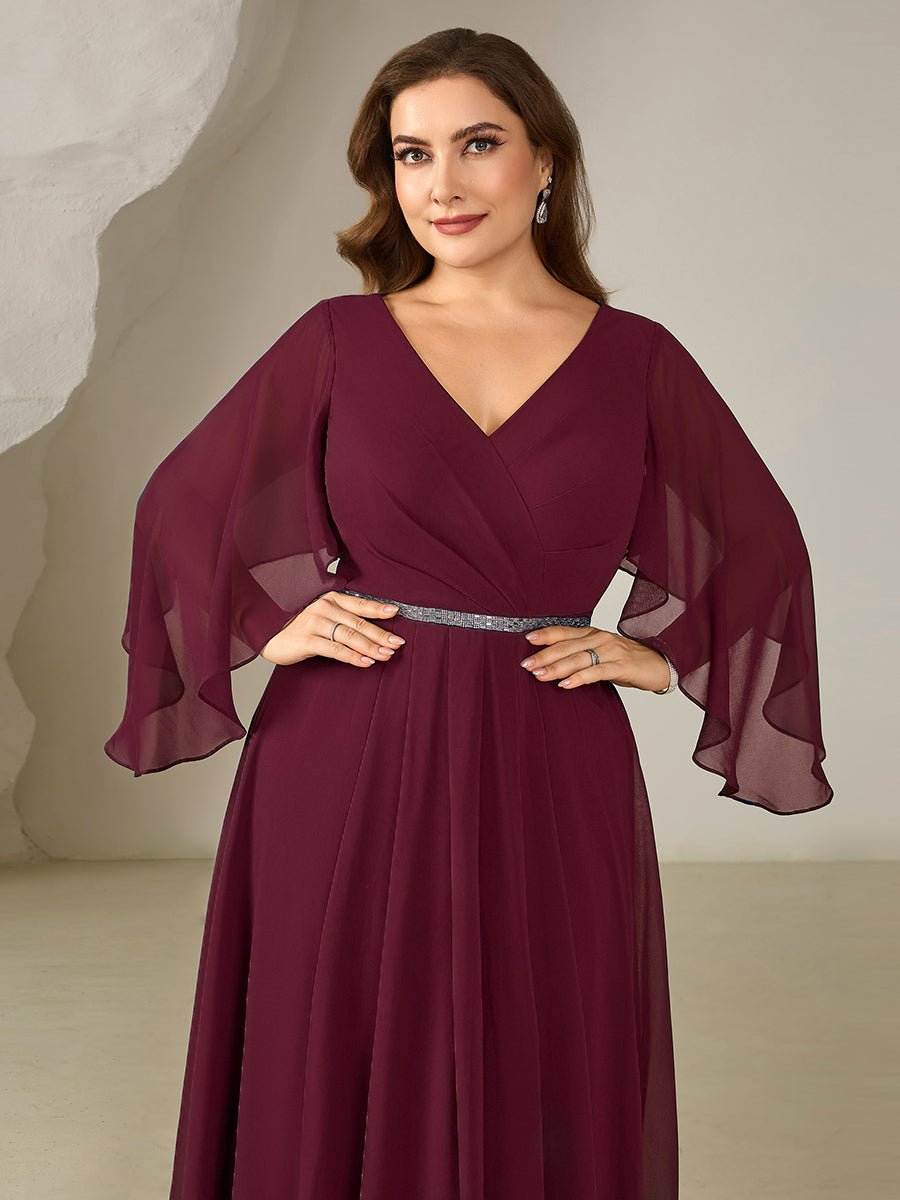 Robe midi A ligne à encolure en V profond à volants et manches trois quarts grande taille avec accent chaîne Robes d'invité de mariage #Couleur_Bordeaux