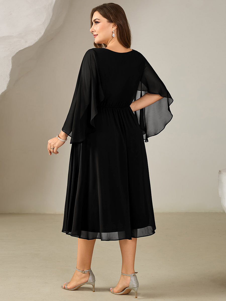 Robe midi A ligne à encolure en V profond à volants et manches trois quarts grande taille avec accent chaîne Robes d'invité de mariage #Couleur_Noir