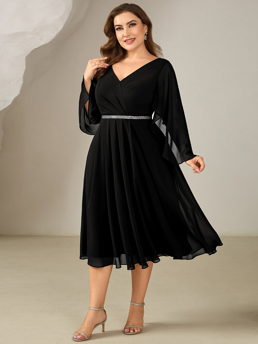 Robe midi A ligne à encolure en V profond à volants et manches trois quarts grande taille avec accent chaîne Robes d'invité de mariage #Couleur_Noir