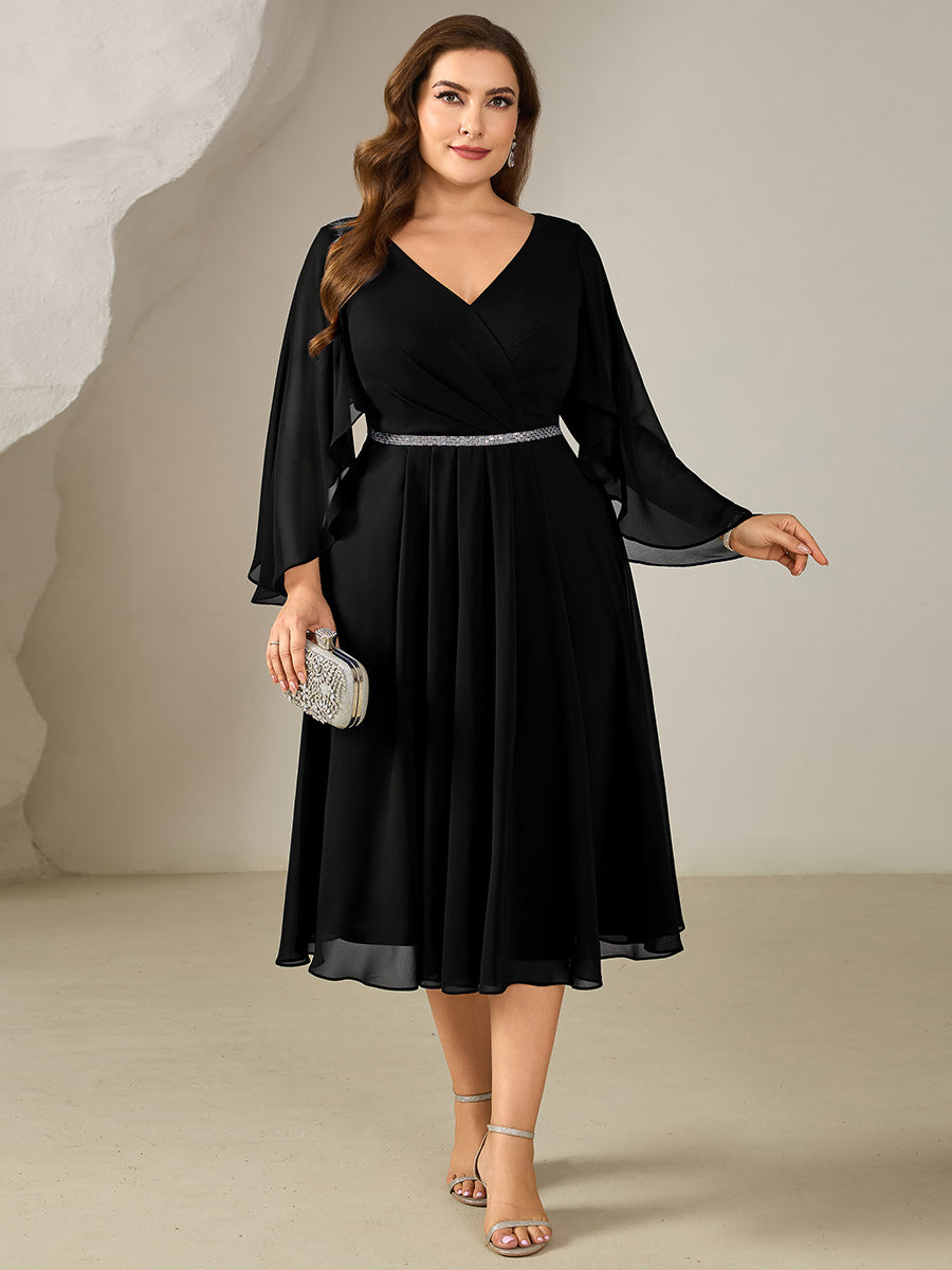 Robe midi A ligne à encolure en V profond à volants et manches trois quarts grande taille avec accent chaîne Robes d'invité de mariage #Couleur_Noir