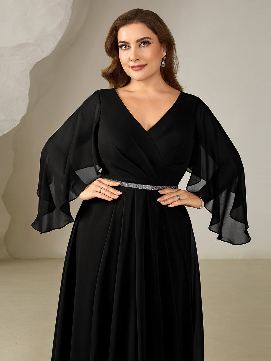 Robe midi A ligne à encolure en V profond à volants et manches trois quarts grande taille avec accent chaîne Robes d'invité de mariage #Couleur_Noir