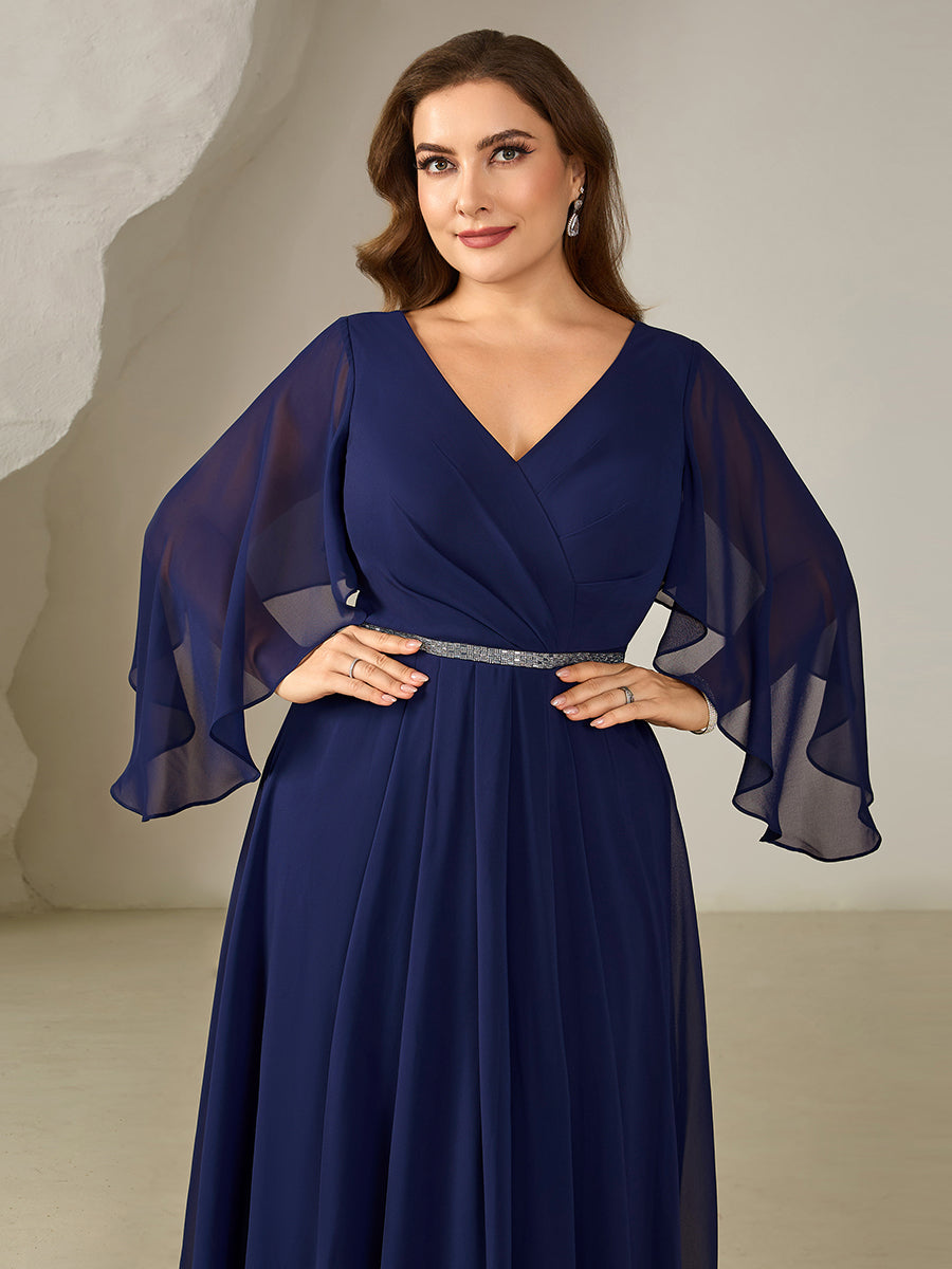 Robe midi A ligne à encolure en V profond à volants et manches trois quarts grande taille avec accent chaîne Robes d'invité de mariage #Couleur_Bleu Marine