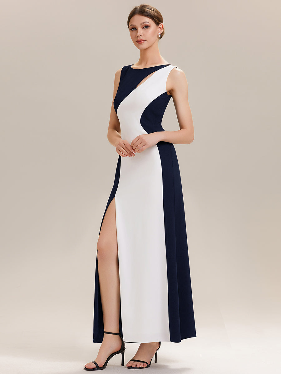 Robe maxi bodycon sans bretelles en stretch avec col rond et fente haute sur la cuisse #Couleur_Bleu Marine