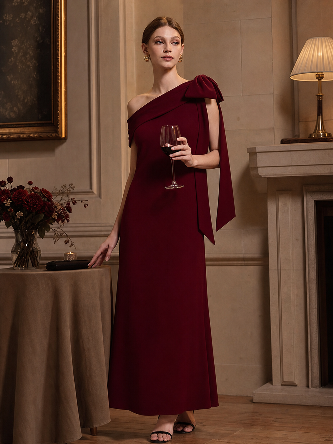 Robe longue ajustée à encolure asymétrique sans bretelles avec détail de nœud en tissu extensible #Couleur_Rouge Foncé