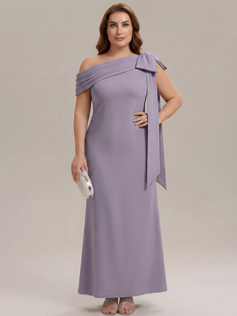 Robe longue ajustée à encolure asymétrique sans bretelles avec détail de nœud en tissu extensible #Couleur_Lilas Givré