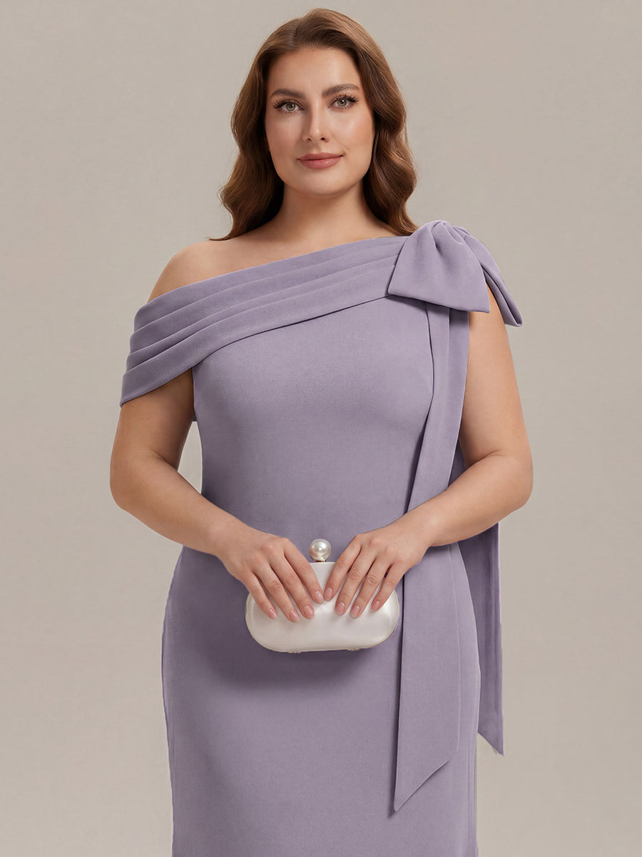 Robe longue ajustée à encolure asymétrique sans bretelles avec détail de nœud en tissu extensible #Couleur_Bleu Bleuet