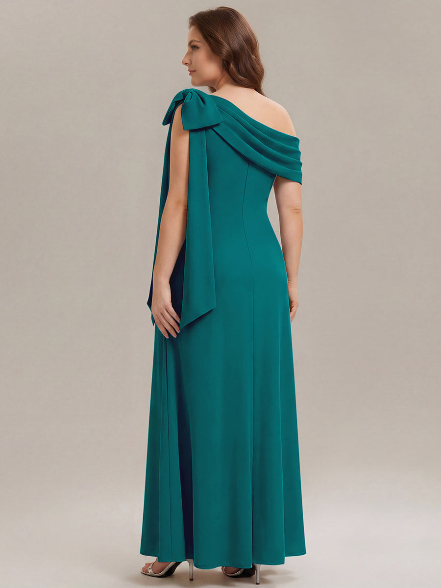 Robe longue ajustée à encolure asymétrique sans bretelles avec détail de nœud en tissu extensible #Couleur_TB
