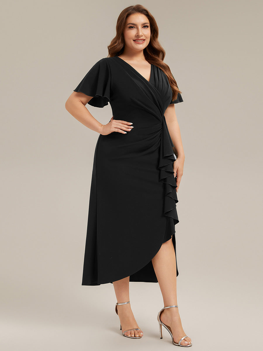 robe maxi ajustée à décolleté en V profond à manches courtes avec volants et fente haute sur la cuisse #Couleur_Noir
