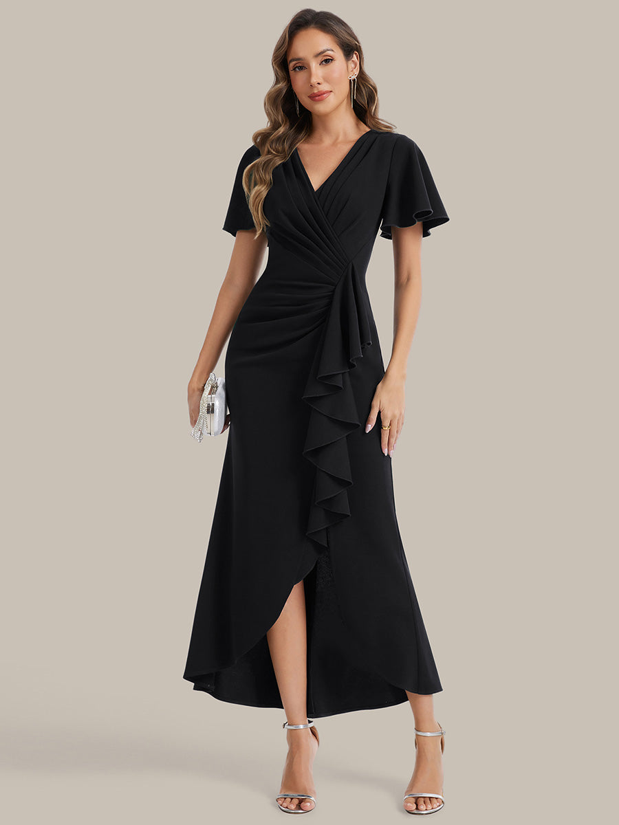 robe maxi ajustée à décolleté en V profond à manches courtes avec volants et fente haute sur la cuisse #Couleur_Noir