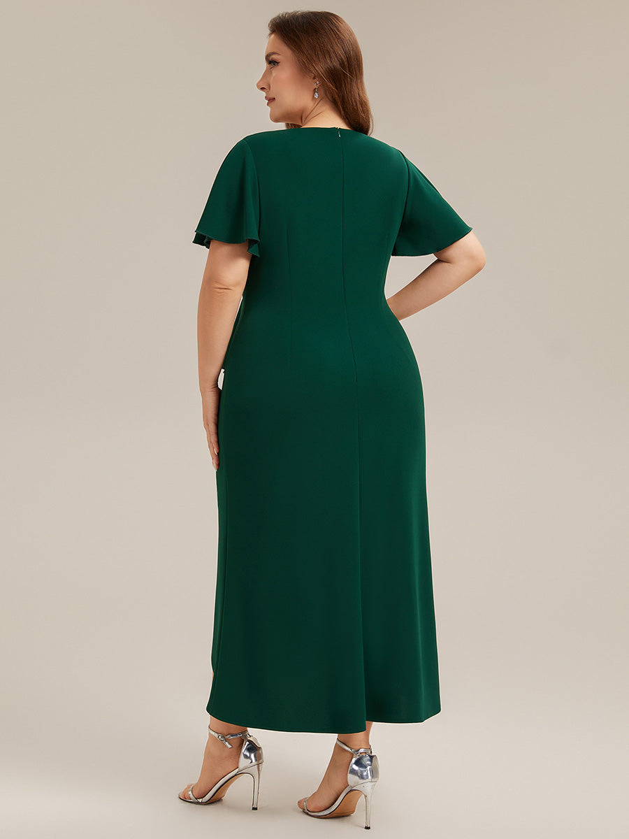 robe maxi ajustée à décolleté en V profond à manches courtes avec volants et fente haute sur la cuisse #Couleur_Vert Fonce