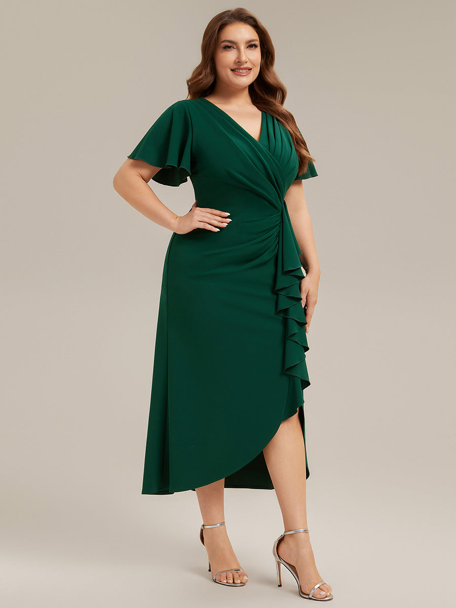 robe maxi ajustée à décolleté en V profond à manches courtes avec volants et fente haute sur la cuisse #Couleur_Vert Fonce