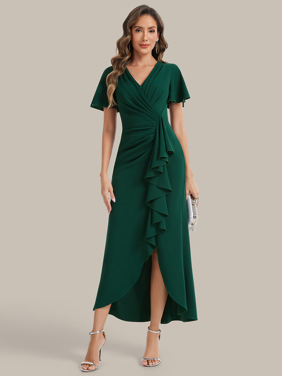robe maxi ajustée à décolleté en V profond à manches courtes avec volants et fente haute sur la cuisse #Couleur_Vert Fonce