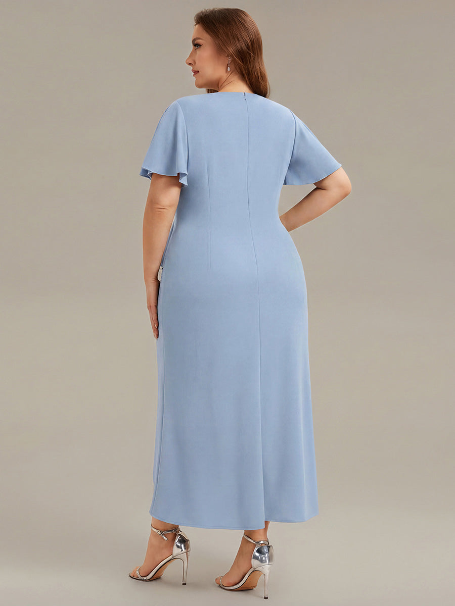 robe maxi ajustée à décolleté en V profond à manches courtes avec volants et fente haute sur la cuisse #Couleur_Bleu Glace