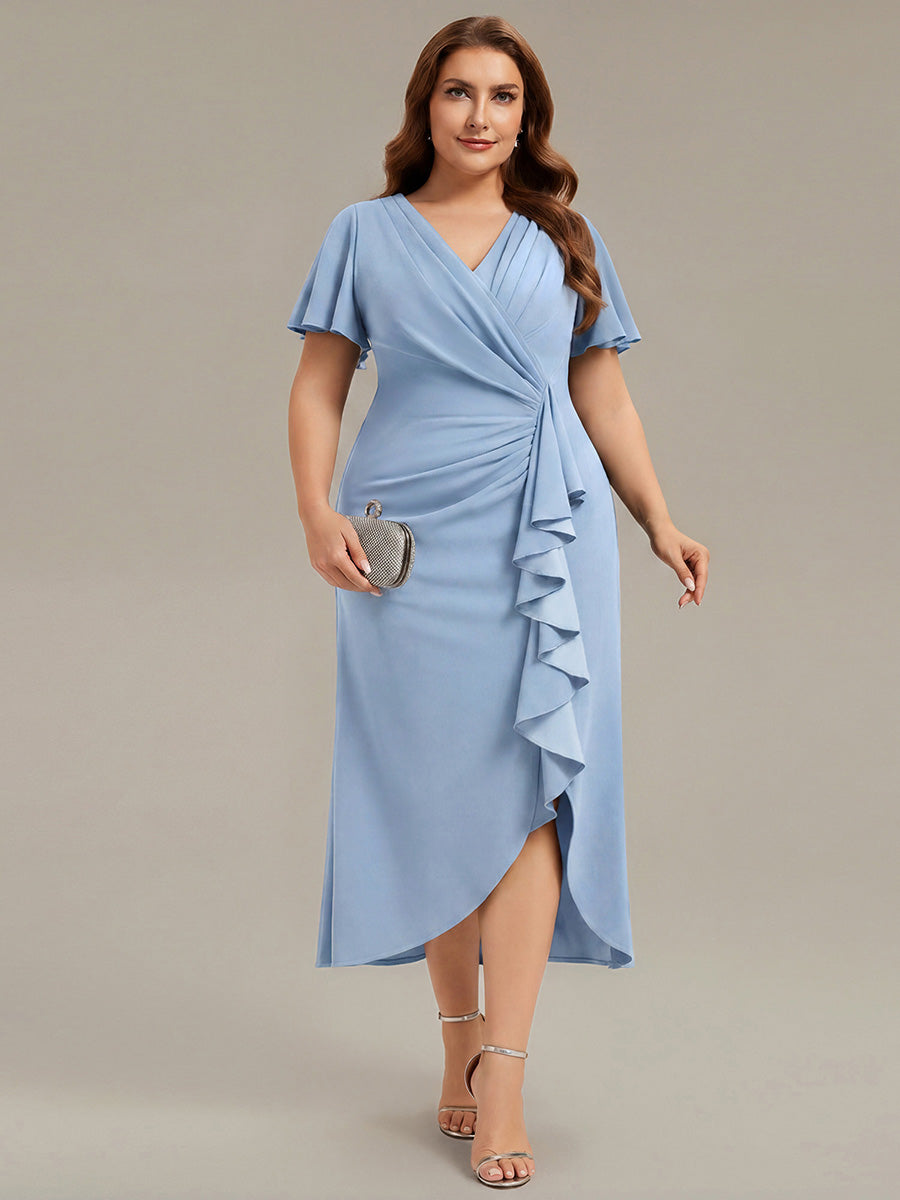 robe maxi ajustée à décolleté en V profond à manches courtes avec volants et fente haute sur la cuisse #Couleur_Bleu Glace