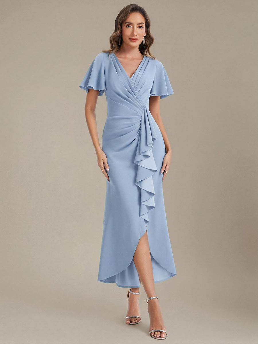 robe maxi ajustée à décolleté en V profond à manches courtes avec volants et fente haute sur la cuisse #Couleur_Bleu Glace