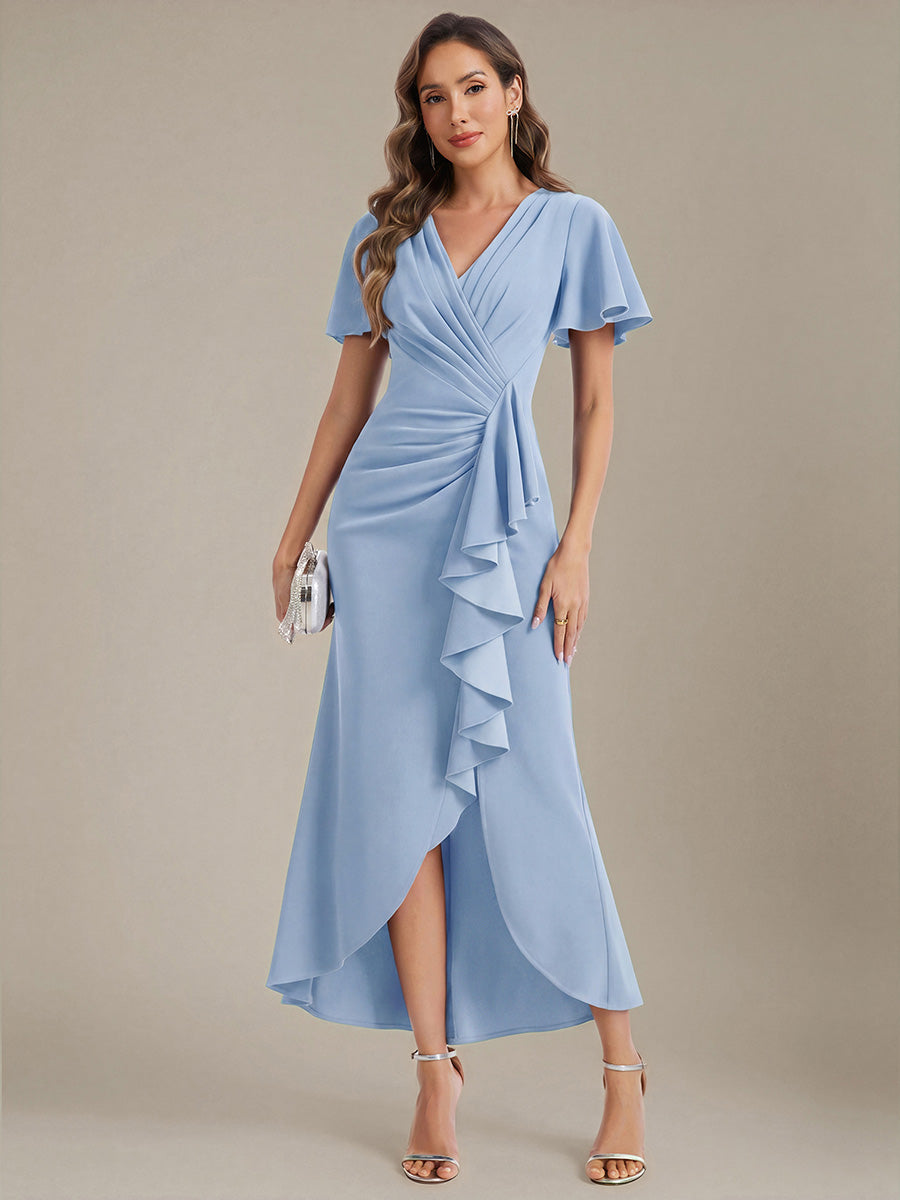 robe maxi ajustée à décolleté en V profond à manches courtes avec volants et fente haute sur la cuisse #Couleur_Bleu Glace