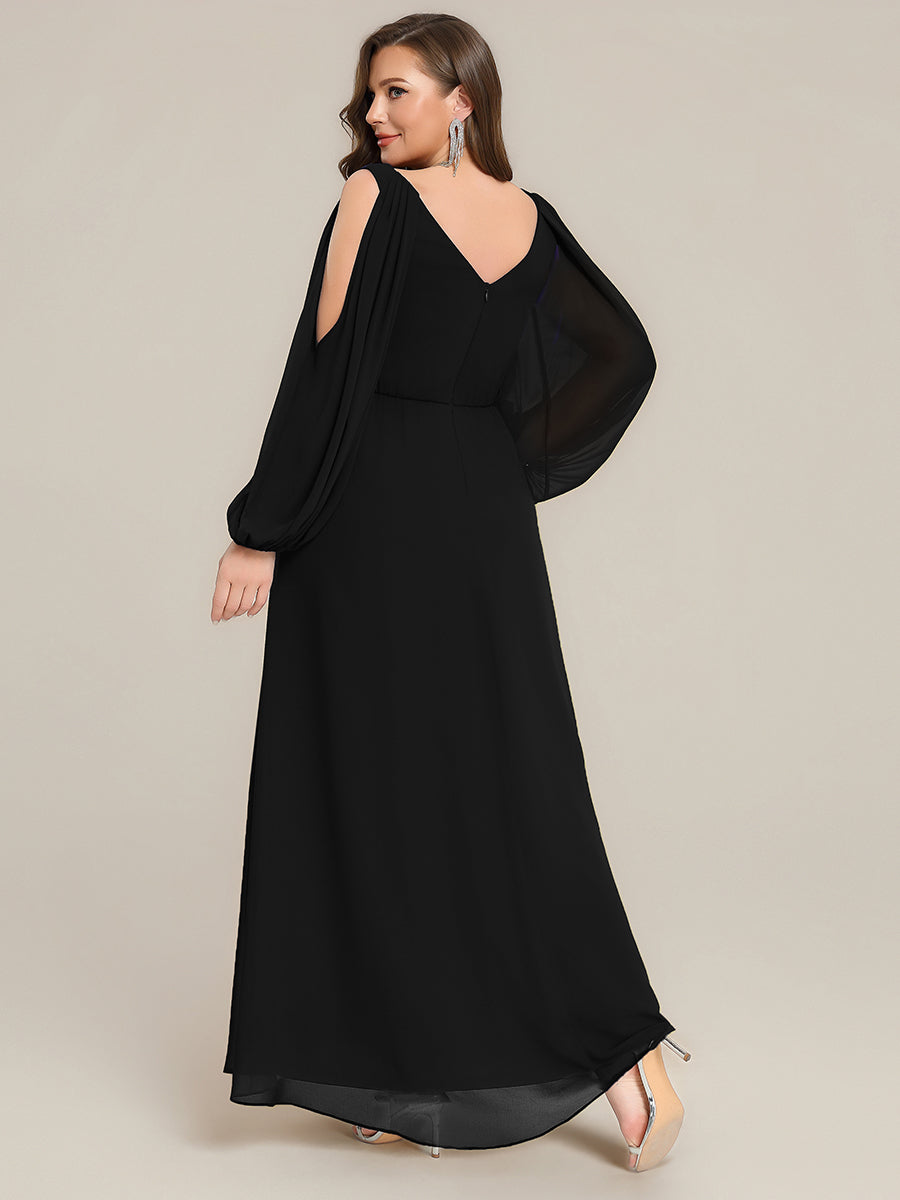 Robe maxi à manches longues en V avec des embellissements en strass froncés #Couleur_Noir