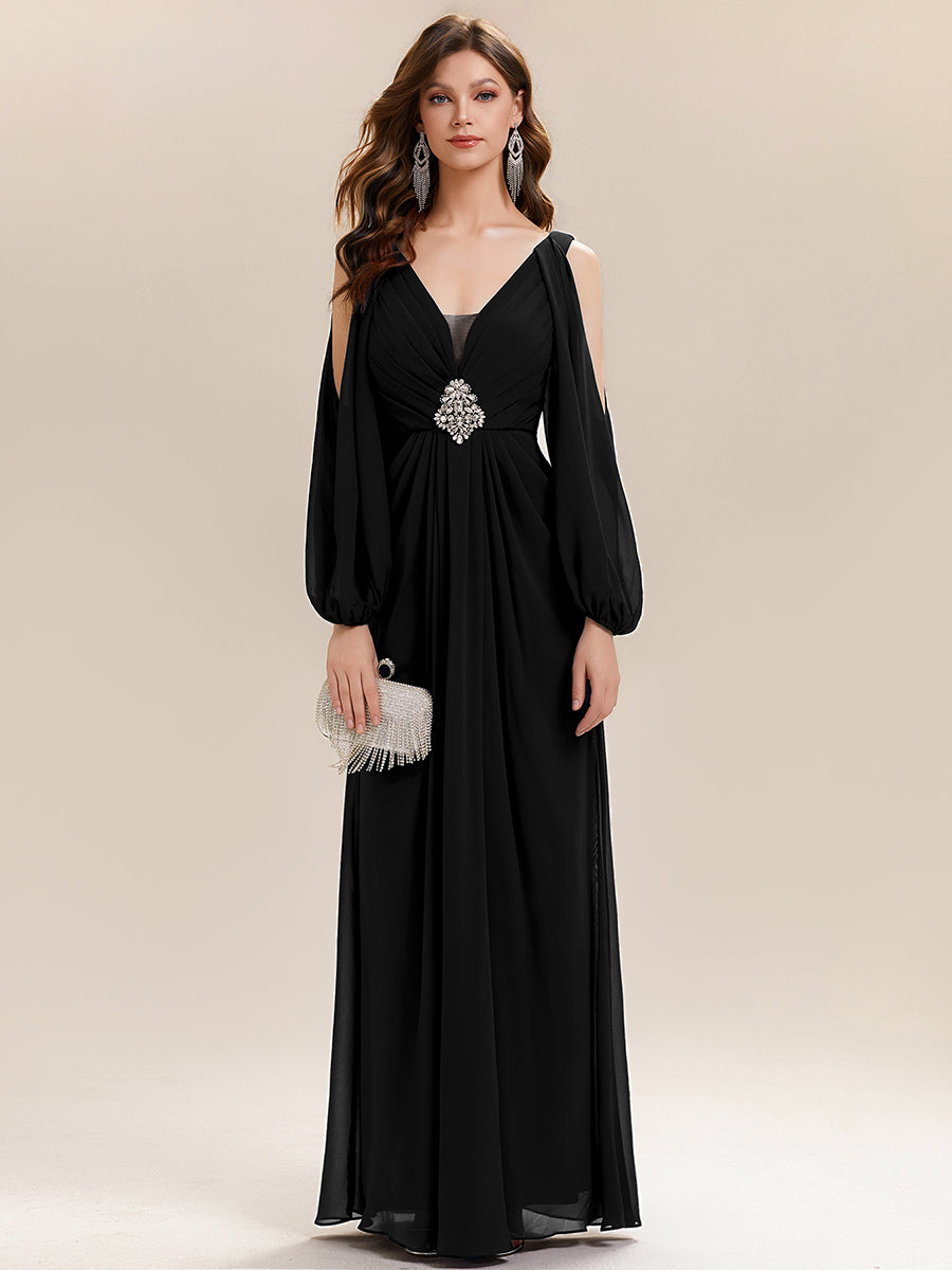 Robe maxi à manches longues en V avec des embellissements en strass froncés #Couleur_Noir