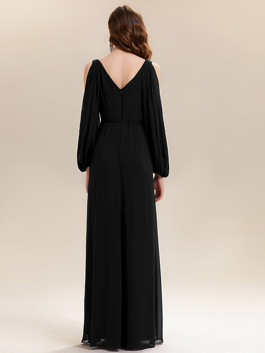 Robe maxi à manches longues en V avec des embellissements en strass froncés #Couleur_Noir