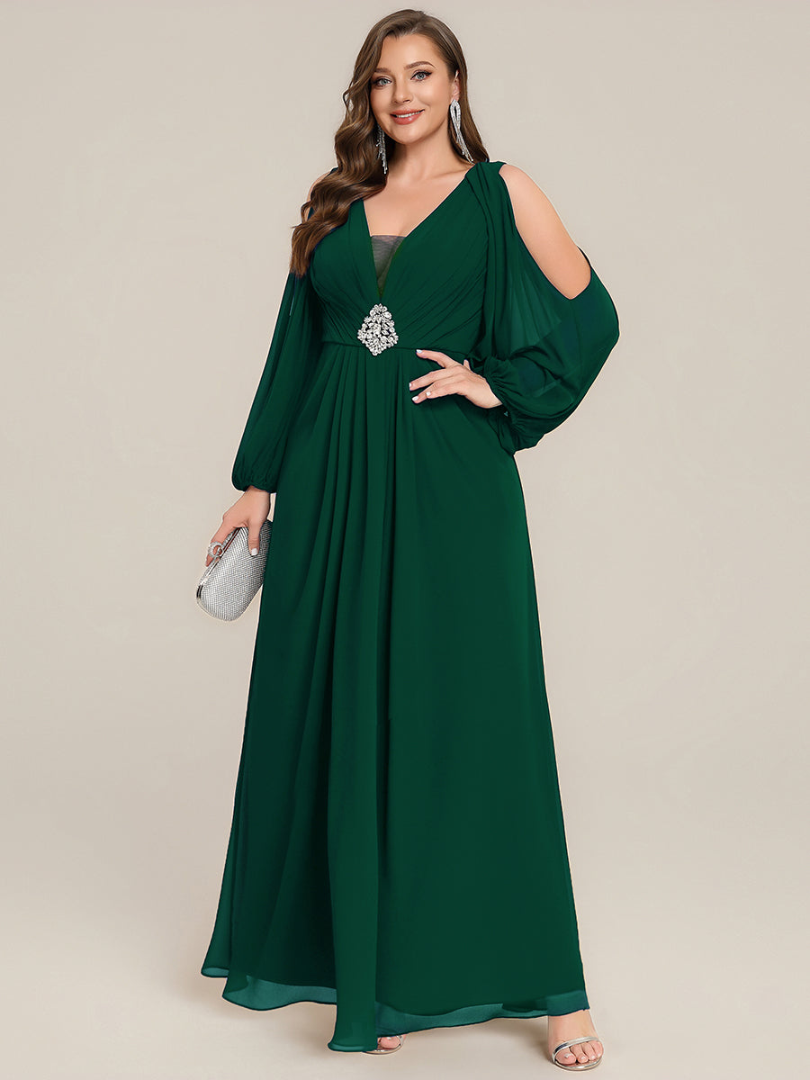 Robe maxi à manches longues en V avec des embellissements en strass froncés #Couleur_Vert Fonce