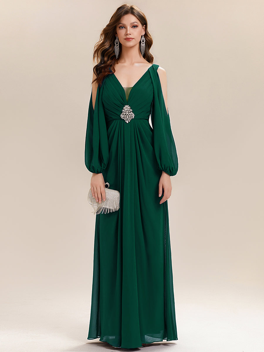 Robe maxi à manches longues en V avec des embellissements en strass froncés #Couleur_Vert Fonce