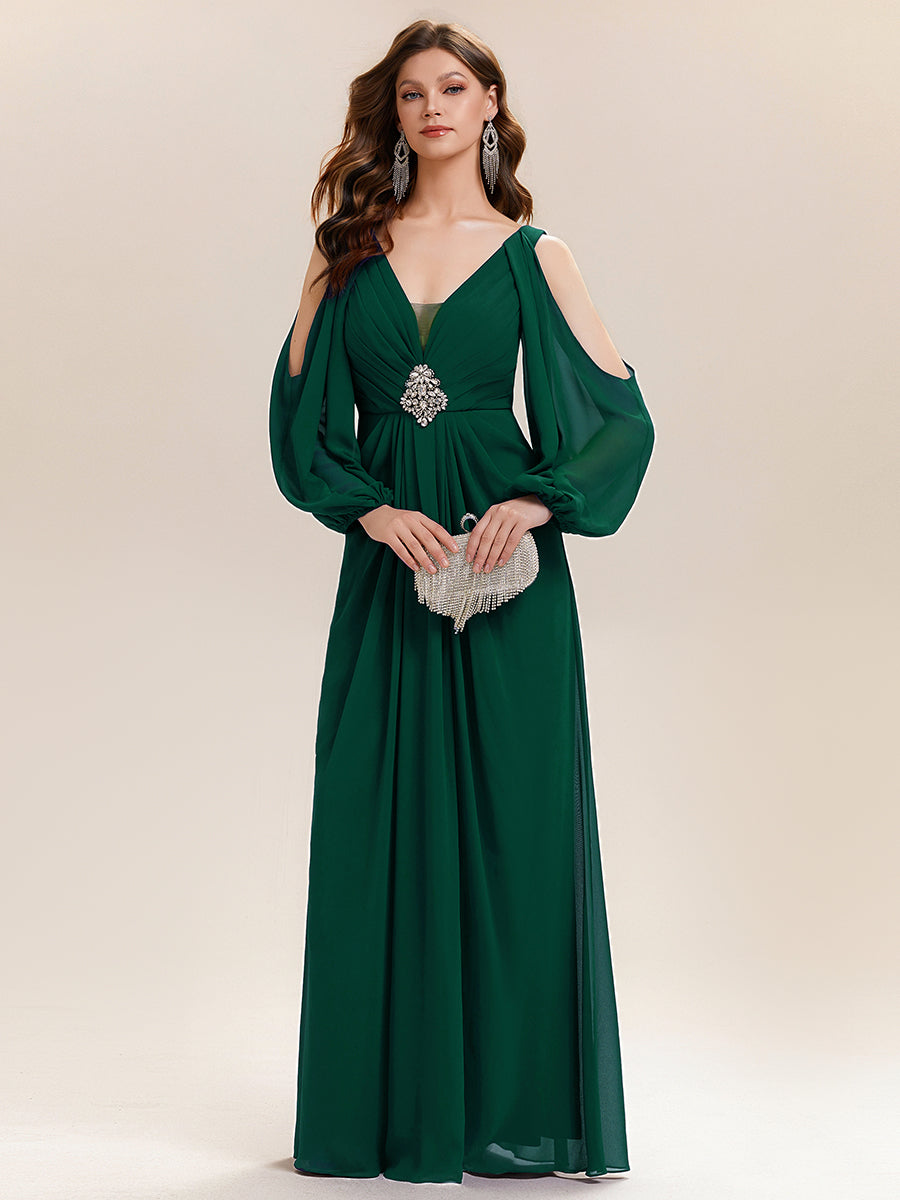 Robe maxi à manches longues en V avec des embellissements en strass froncés #Couleur_Vert Fonce